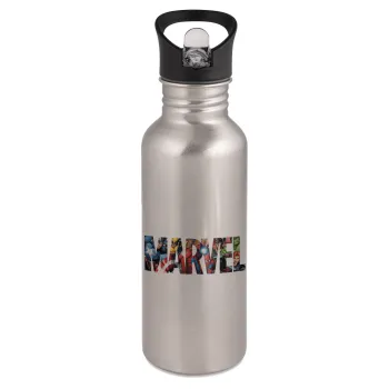 MARVEL characters, Water bottle Silver with straw, stainless steel 600ml