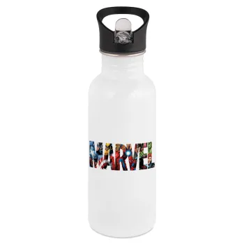 MARVEL characters, White water bottle with straw, stainless steel 600ml