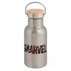 Stainless steel metallic thermos flask, silver with a bamboo lid, double-walled, 350ml.