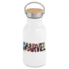 Metallic thermos (Stainless steel) White with wooden lid (bamboo), double-walled, 350ml