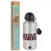 Easter Set, metallic silver aluminum water bottle (500ml) & scented flat Easter candle (30cm) (TURQUOISE)