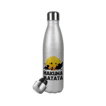 Hakuna Matata, Μεταλλικό παγούρι θερμός Glitter Aσημένιο (Stainless steel), διπλού τοιχώματος, 500ml