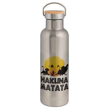 Hakuna Matata, Stainless steel Silver with wooden lid (bamboo), double wall, 750ml