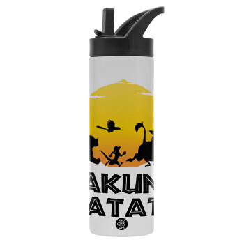 Hakuna Matata, Μεταλλικό παγούρι θερμός με καλαμάκι & χειρολαβή, ανοξείδωτο ατσάλι (Stainless steel 304), διπλού τοιχώματος, 600ml