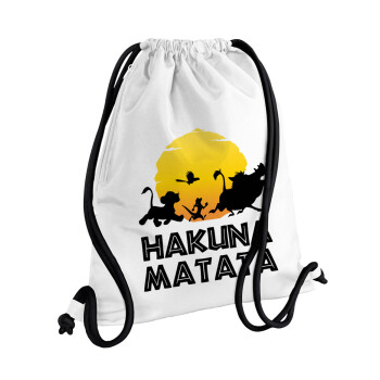 Hakuna Matata, Τσάντα πλάτης πουγκί GYMBAG λευκή, με τσέπη (40x48cm) & χονδρά κορδόνια