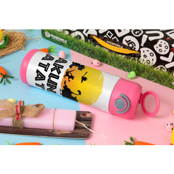 Hakuna Matata, Πασχαλινή Λαμπάδα με Παιδικό παγούρι θερμό, ανοξείδωτο, με καλαμάκι ασφαλείας, ΡΟΖ (500ml)