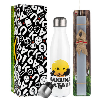 Hakuna Matata, Easter candle, metallic white thermos bottle (500ml) & aromatic flat candle (30cm) (GRAY)