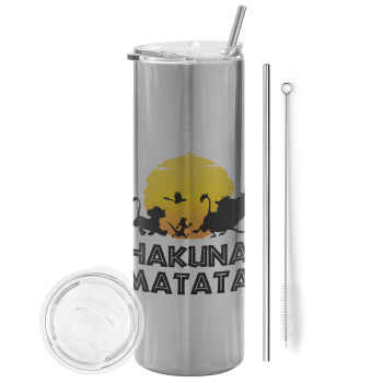 Hakuna Matata, Eco friendly ποτήρι θερμό Ασημένιο (tumbler) από ανοξείδωτο ατσάλι 600ml, με μεταλλικό καλαμάκι & βούρτσα καθαρισμού