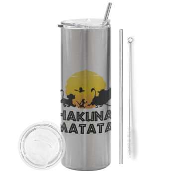 Hakuna Matata, Tumbler stainless steel Silver 600ml, with metal straw & cleaning brush