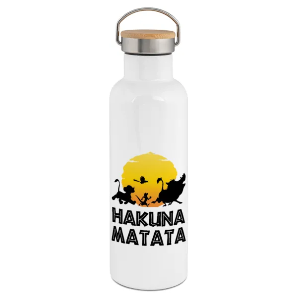 Hakuna Matata — Μεταλλικό παγούρι θερμός (Stainless steel) Λευκό με ξύλινο καπάκι (bamboo), διπλού τοιχώματος, 750ml