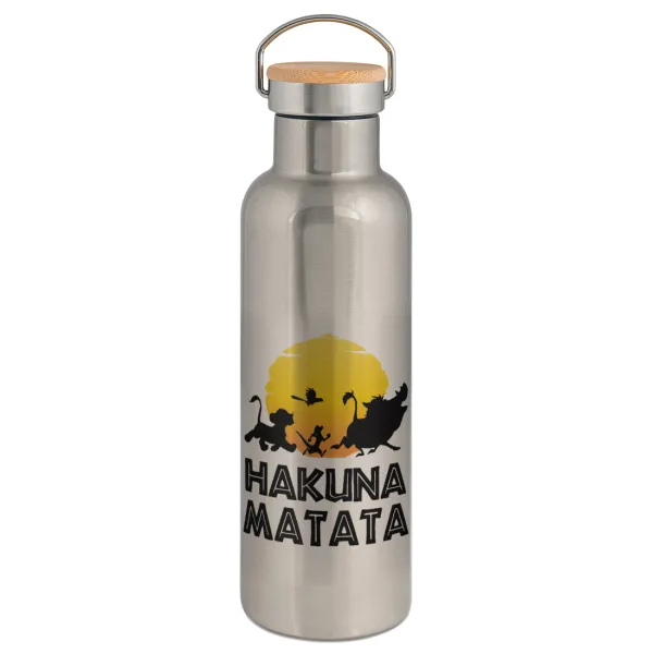 Hakuna Matata — Stainless steel Silver with wooden lid (bamboo), double wall, 750ml