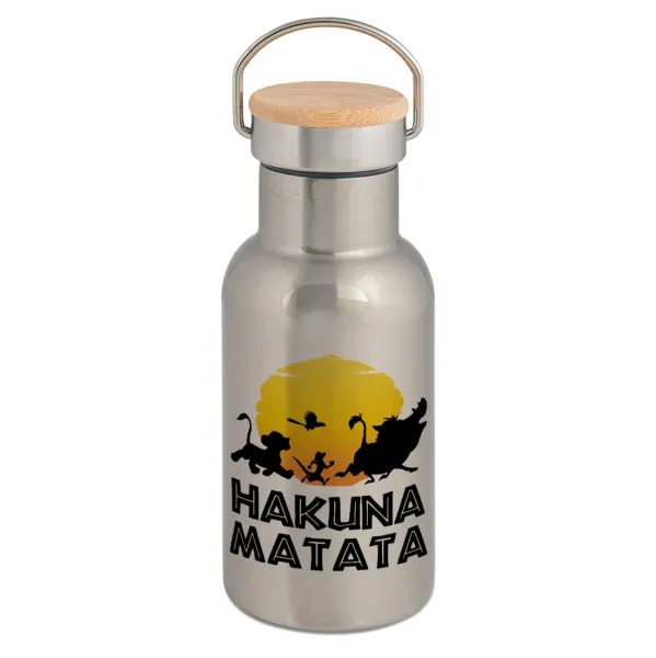 Hakuna Matata — Stainless steel metallic thermos flask, silver with a bamboo lid, double-walled, 350ml.