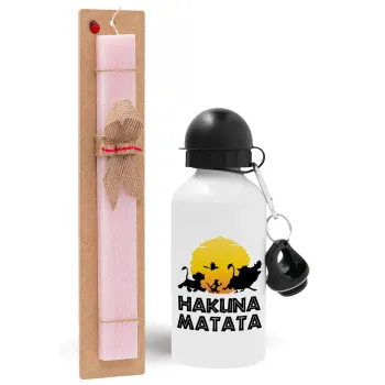 Hakuna Matata, Πασχαλινή Λαμπάδα με παγούρι μεταλλικό αλουμινίου (500ml) & κερί αρωματικό πλακέ (30cm) (ΡΟΖ)