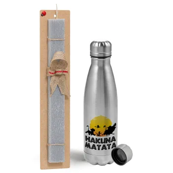 Hakuna Matata, Πασχαλινή Λαμπάδα με μεταλλικό παγούρι Inox (750ml) & κερί αρωματικό πλακέ (30cm) (ΓΚΡΙ)