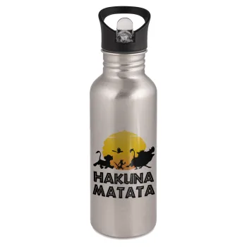 Hakuna Matata, Water bottle Silver with straw, stainless steel 600ml