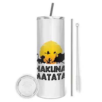 Hakuna Matata, Tumbler ποτήρι θερμό από ανοξείδωτο ατσάλι 600ml, με μεταλλικό καλαμάκι & βούρτσα καθαρισμού