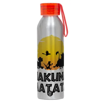Hakuna Matata, Αλουμινένιο Αθλητικό Μπουκάλι 650ml – Ασημί με Κόκκινο Καπάκι και Λουράκι Σιλικόνης