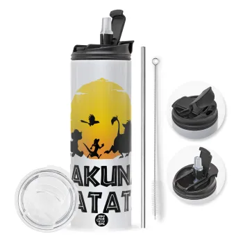 Hakuna Matata, Travel Tumbler θερμό με διπλό καπάκι, μεταλλικό καλαμάκι και βούρτσα καθαρισμού (Ανωξείδωτο 304 Food grade, BPA free, 600ml)