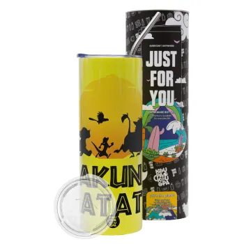 Hakuna Matata, Neon Yellow Travel Tumbler θερμό, μεταλλικό καλαμάκι(Ανωξείδωτο 304 Food grade, BPA free, 600ml)