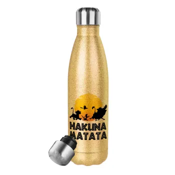 Hakuna Matata, Μεταλλικό παγούρι θερμός Glitter χρυσό (Stainless steel), διπλού τοιχώματος, 500ml
