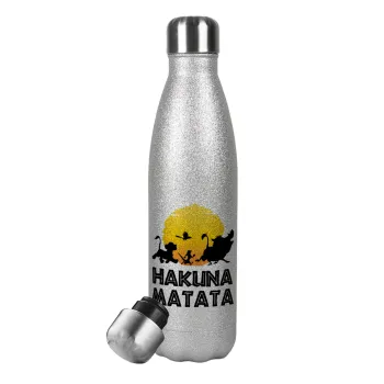 Hakuna Matata, Μεταλλικό παγούρι θερμός Glitter Aσημένιο (Stainless steel), διπλού τοιχώματος, 500ml