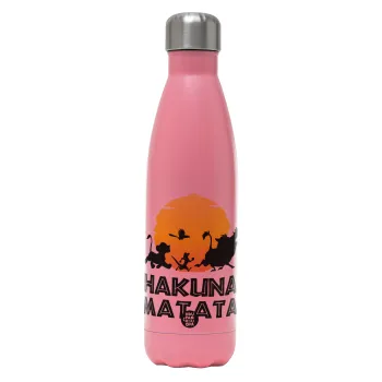 Hakuna Matata, Μεταλλικό παγούρι θερμός Ροζ Ματ (Stainless steel), διπλού τοιχώματος, 500ml