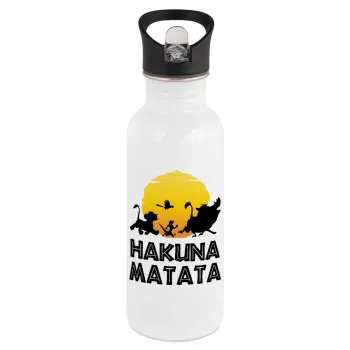 Hakuna Matata, White water bottle with straw, stainless steel 600ml