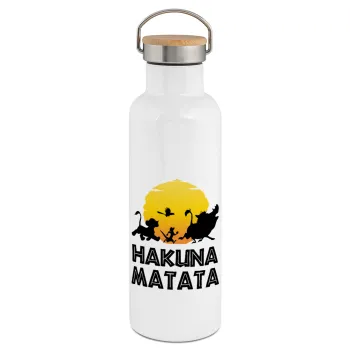 Hakuna Matata, Stainless steel White with wooden lid (bamboo), double wall, 750ml