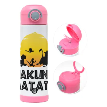 Hakuna Matata, Children's hot water bottle, stainless steel, with safety straw, PINK (500ml)