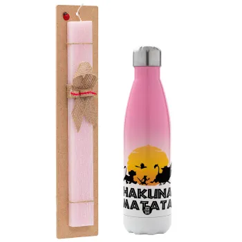 Hakuna Matata, Easter Set, Metallic pink/white (Stainless steel) thermos, double-walled, 500ml & aromatic flat Easter candle (30cm) (PINK)
