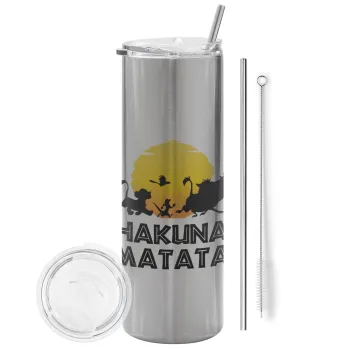 Hakuna Matata, Tumbler stainless steel Silver 600ml, with metal straw & cleaning brush
