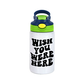Wish you were here, Children's hot water bottle, stainless steel, with safety straw, green, blue (350ml)