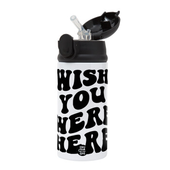 Wish you were here, Children's hot water bottle, stainless steel, with safety straw, Black (360ml) BPA-FREE