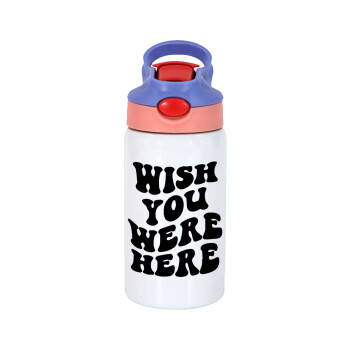 Wish you were here, Children's hot water bottle, stainless steel, with safety straw, pink/purple (350ml)