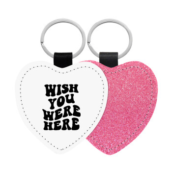 Wish you were here, Μπρελόκ PU δερμάτινο glitter καρδιά ΡΟΖ