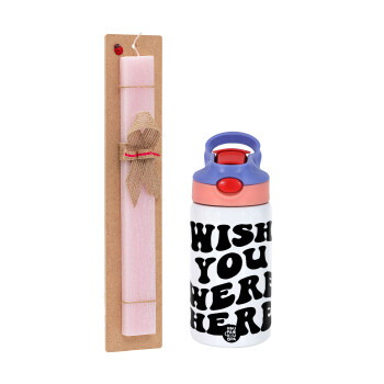 Wish you were here, Easter Set, Children's thermal stainless steel water bottle with safety straw, pink/purple (350ml) & Easter scented flat candle (30cm) (PINK)