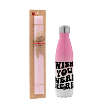 Wish you were here, Easter Set, Metallic pink/white (Stainless steel) thermos, double-walled, 500ml & aromatic flat Easter candle (30cm) (PINK)