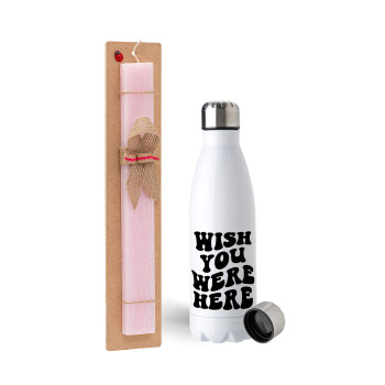Wish you were here, Easter Set, metallic stainless steel water bottle (750ml) & scented flat Easter candle (30cm) (PINK)