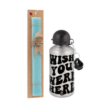 Wish you were here, Easter Set, metallic silver aluminum water bottle (500ml) & scented flat Easter candle (30cm) (TURQUOISE)