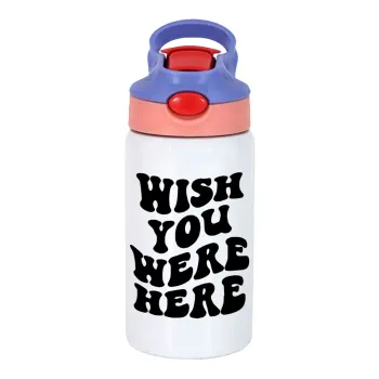 Wish you were here, Children's hot water bottle, stainless steel, with safety straw, pink/purple (350ml)