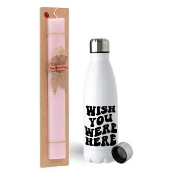 Wish you were here, Easter Set, metallic stainless steel water bottle (750ml) & scented flat Easter candle (30cm) (PINK)