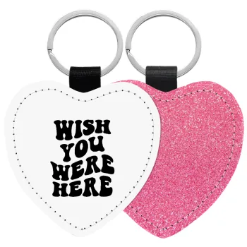 Wish you were here, Μπρελόκ PU δερμάτινο glitter καρδιά ΡΟΖ