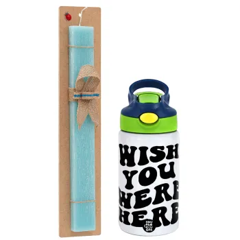 Wish you were here, Easter Set, Children's thermal stainless steel bottle with safety straw, green/blue (350ml) & aromatic flat Easter candle (30cm) (TURQUOISE)