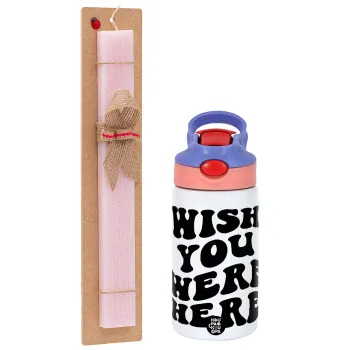 Wish you were here, Easter Set, Children's thermal stainless steel water bottle with safety straw, pink/purple (350ml) & Easter scented flat candle (30cm) (PINK)