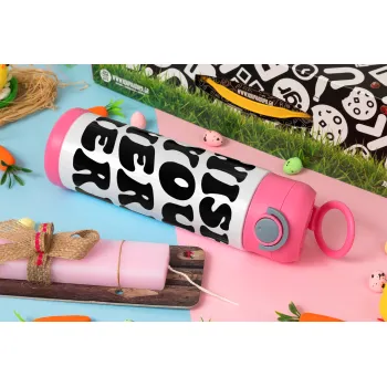 Wish you were here, Easter candle, Childrens hot water bottle, stainless steel, with safety straw, PINK (500ml)