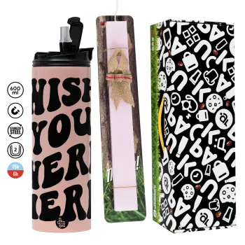Wish you were here, Easter candle,Travel Tumbler 2 Lids, with metal straw & cleaning brush & aromatic flat candle (30cm) (PINK)