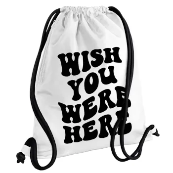Wish you were here, Τσάντα πλάτης πουγκί GYMBAG λευκή, με τσέπη (40x48cm) & χονδρά κορδόνια