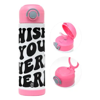 Wish you were here, Children's hot water bottle, stainless steel, with safety straw, PINK (500ml)