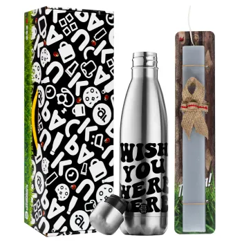 Wish you were here, Easter Set, metallic stainless thermos flask (500ml) & scented flat Easter candle (30cm) (GRAY)