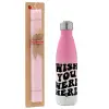 Easter Set, Metallic pink/white (Stainless steel) thermos, double-walled, 500ml & aromatic flat Easter candle (30cm) (PINK)